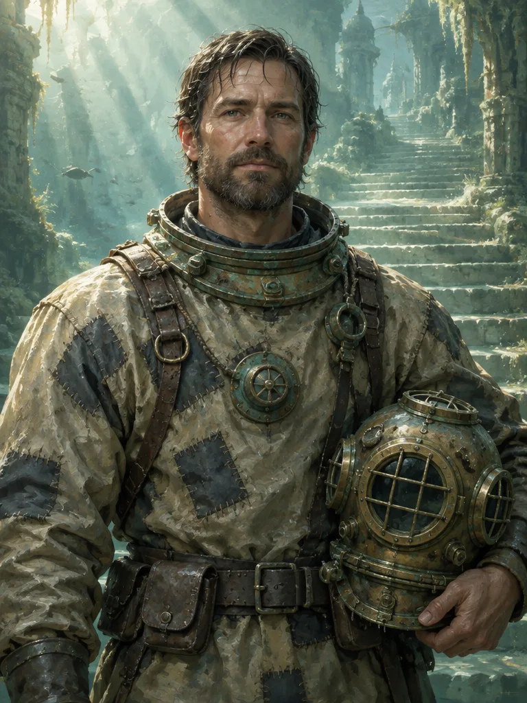 Isak Brennholt, laki-laki berjanggut dengan baju selam kanvas bertambal, memegang helm selam kuningan di bawah lengan, tangga batu yang tergenang di belakangnya.