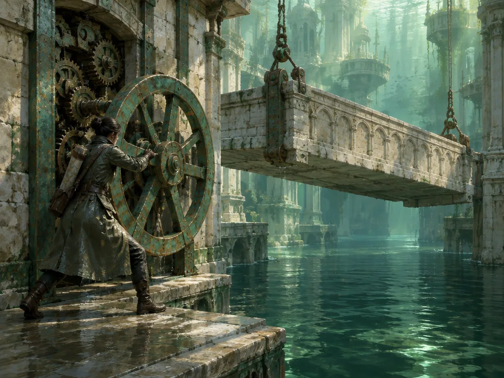 Wren memutar roda tembaga besar di dinding penuh roda gigi, menggerakkan segmen jembatan batu di atas kanal yang tergenang.